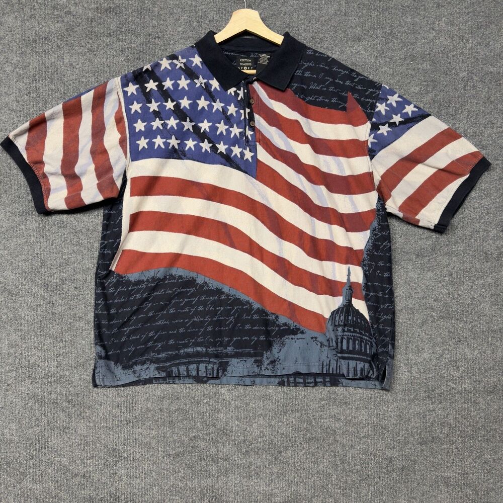 Cotton Traders Sport Polo Shirt Mens 2XL USA Flag Capitol Patriotic Anthem AOP